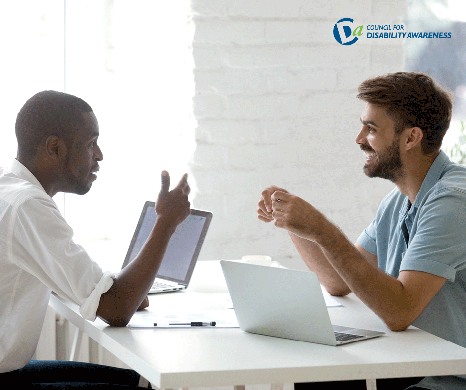 Teams talking at work.