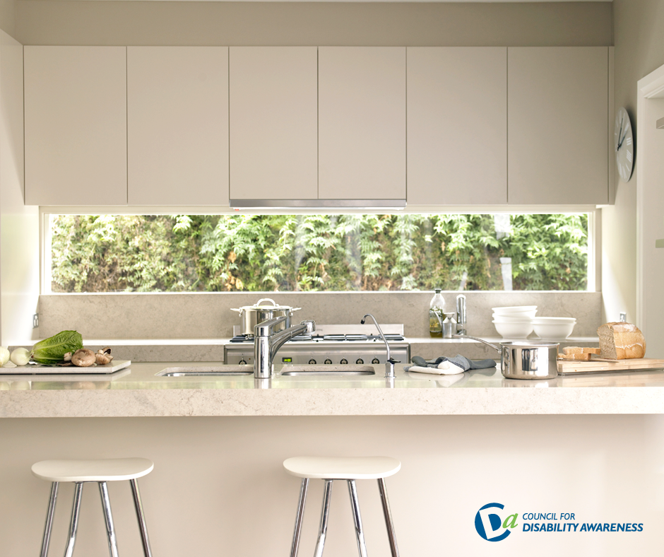 Kitchen counter with high stools.