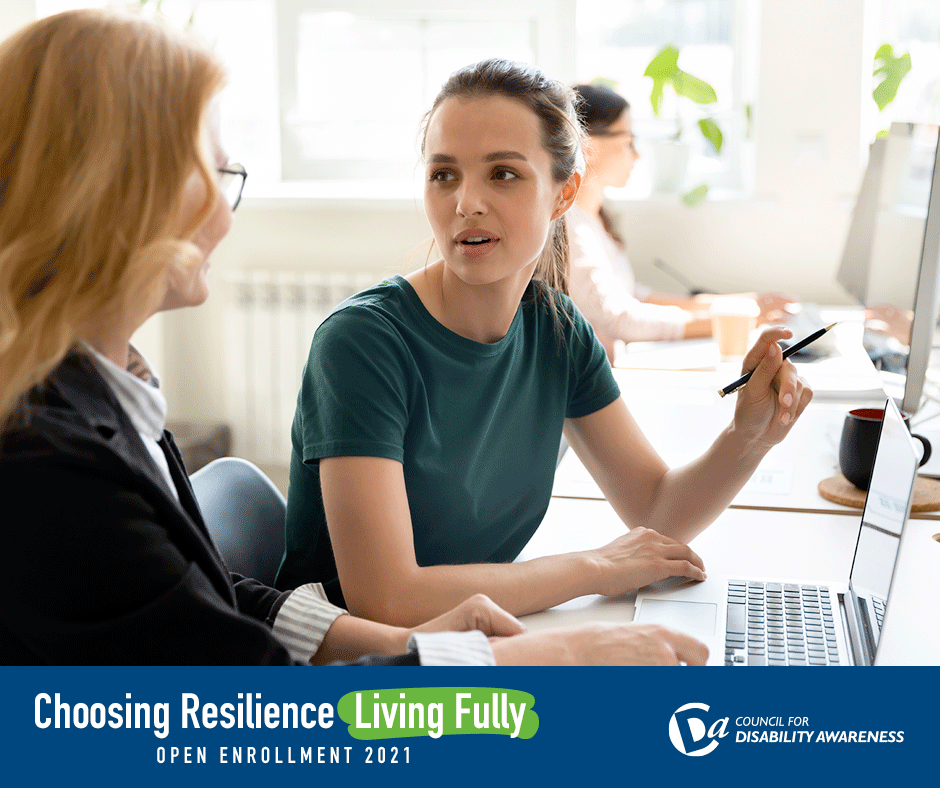 Millennial office worker discussing open enrollment with HR: Choosing Resilience, Living Fully: Open Enrollment 2021