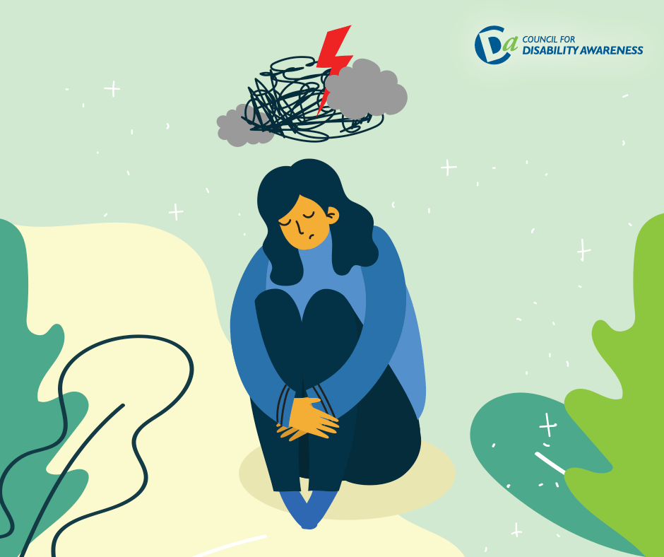 Illustration of a sad young woman with a dark cloud over her head