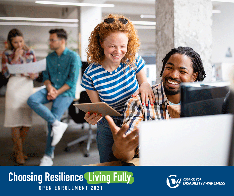 Young professionals in the office happy to work together. Choosing Resilience, Living Fully: Open Enrollment 2021