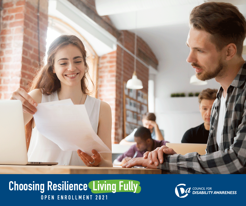 Young professional employee reviews voluntary benefits with HR: Choosing Resilience, Living Fully: Open Enrollment 2021