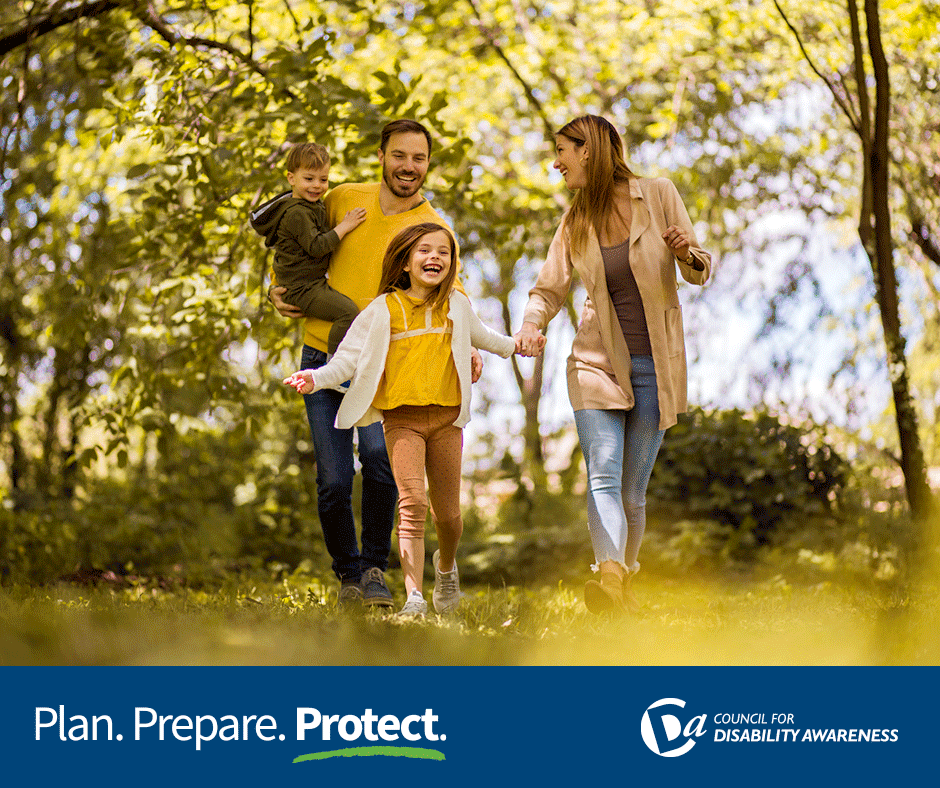 Worker and family relaxing outside together. Plan. Prepare. Protect.