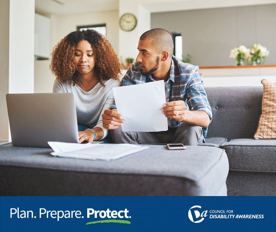 Young couple looking over finances. Plan. Prepare. Protect.