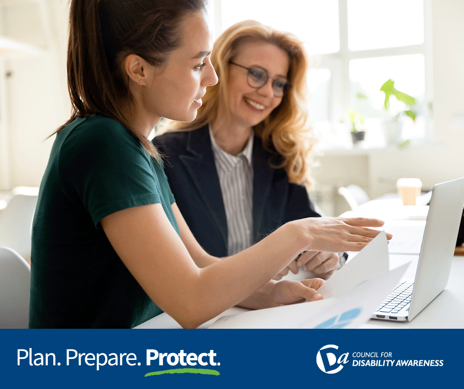 Employee reviewing her benefits with HR. Plan. Prepare. Protect.