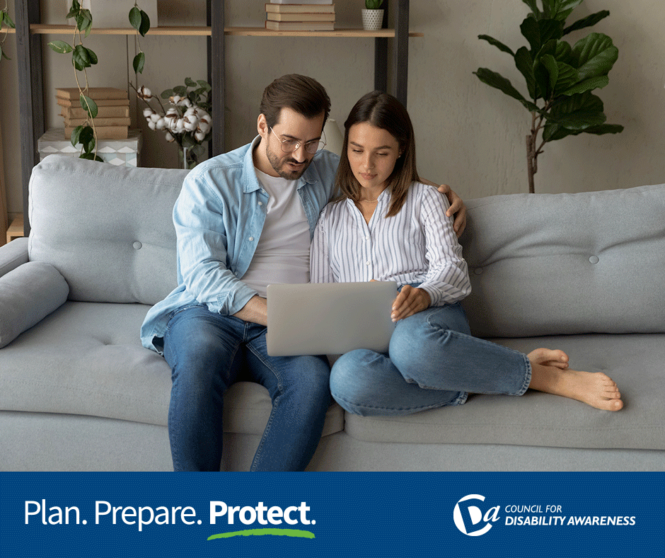 Couple at home working on their financial and retirement planning. Plan. Prepare. Protect.