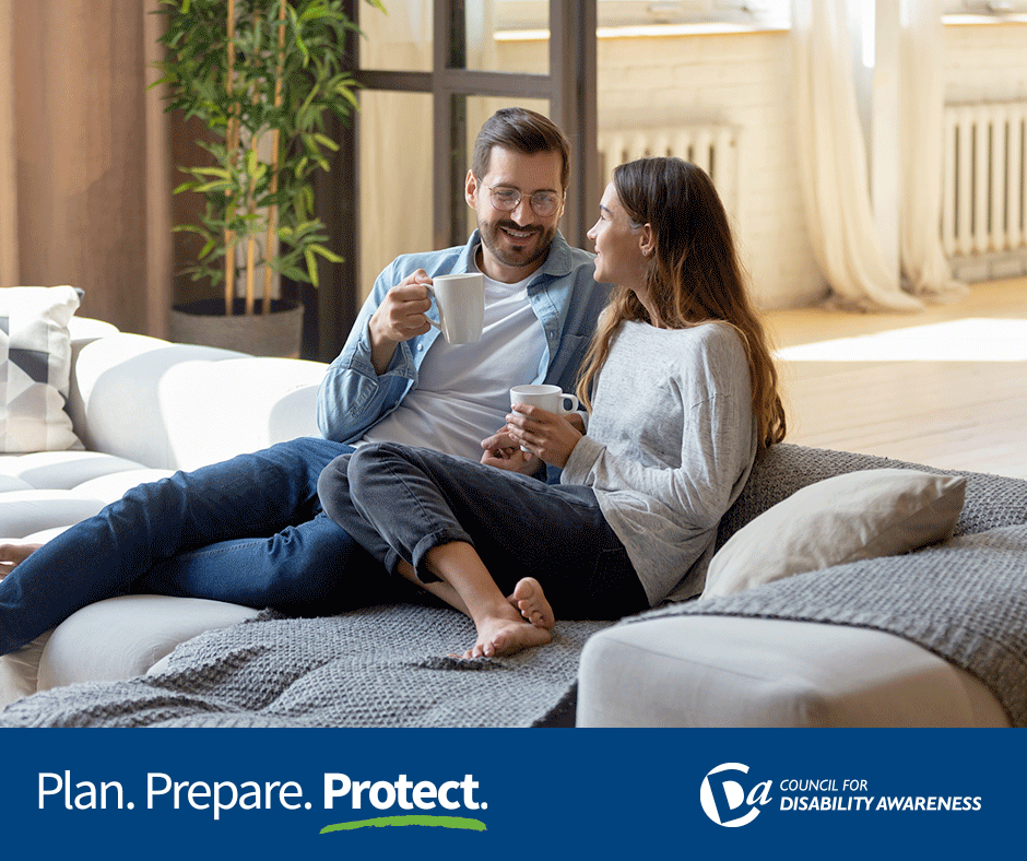 Couple at home feeling good about their financial and retirement planning. Plan. Prepare. Protect.