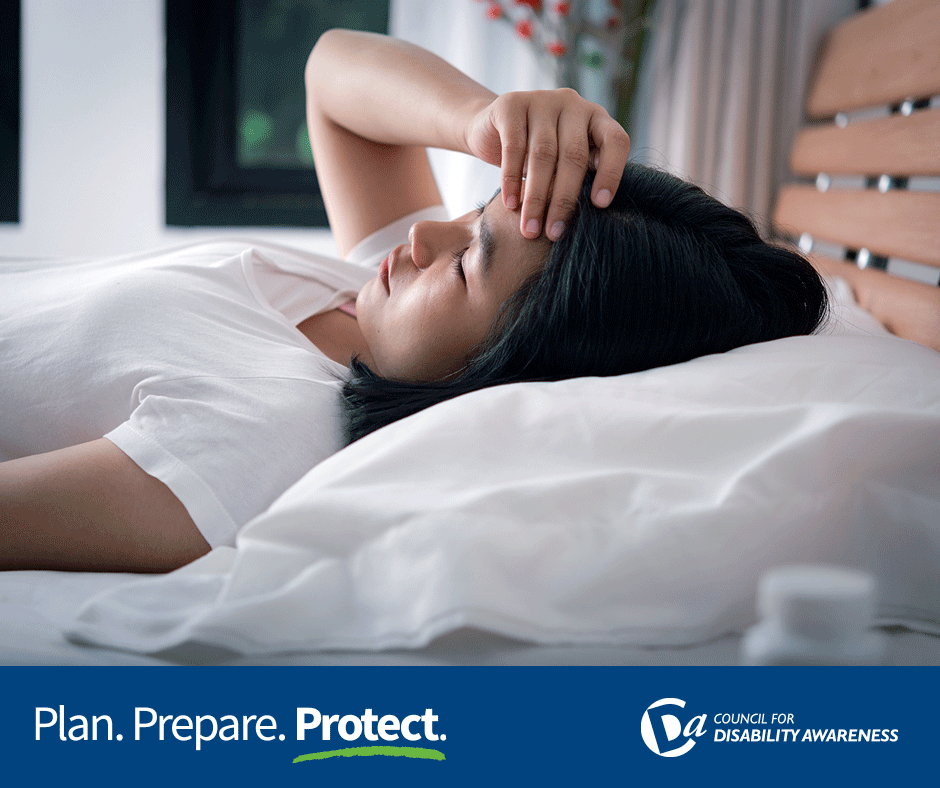 Young woman experiencing long covid resting in bed. Plan. Prepare. Protect.