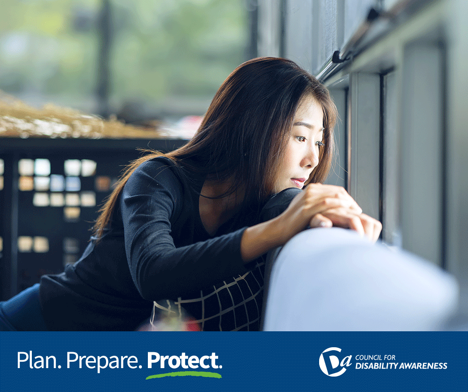 Young professional woman who can't work because of a health event. Plan. Prepare. Protect.