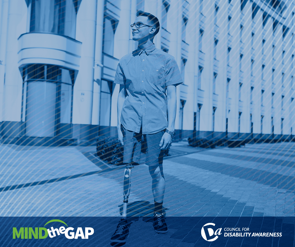 Mind the Gap campaign: Young professional with prosthetic leg out for a walk