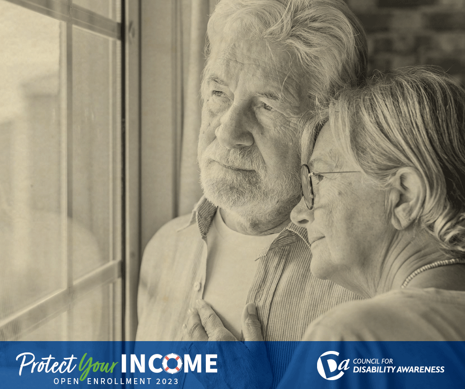 Mature couple comforting each other. Protect Your Income, Open Enrollment 2023