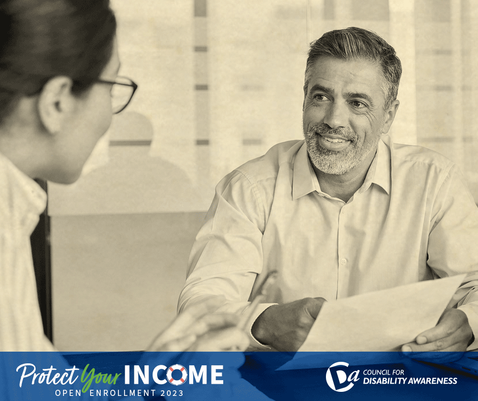 Employee discussing benefits with HR. Protect Your Income, Open Enrollment 2023