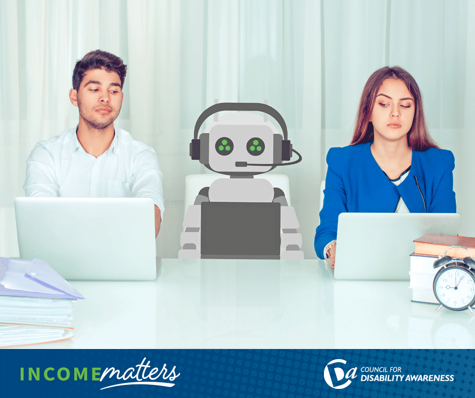 Two workers sitting with a cartoon robot, considering the impact of AI on their jobs. Income Matters.