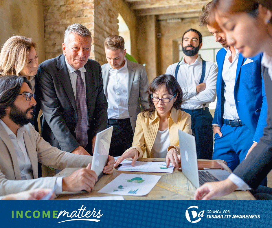 Multigenerational office workers meeting. Income Matters.