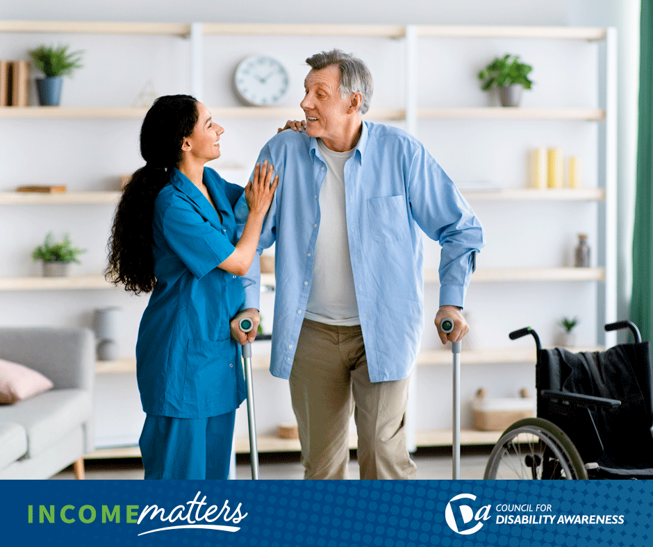 Caregiver with patient, recovering at home. Income Matters.