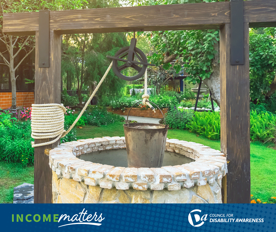 Artesian well with bucket and pulley. "When the well runs dry, we know the worth of water." Income Matters.