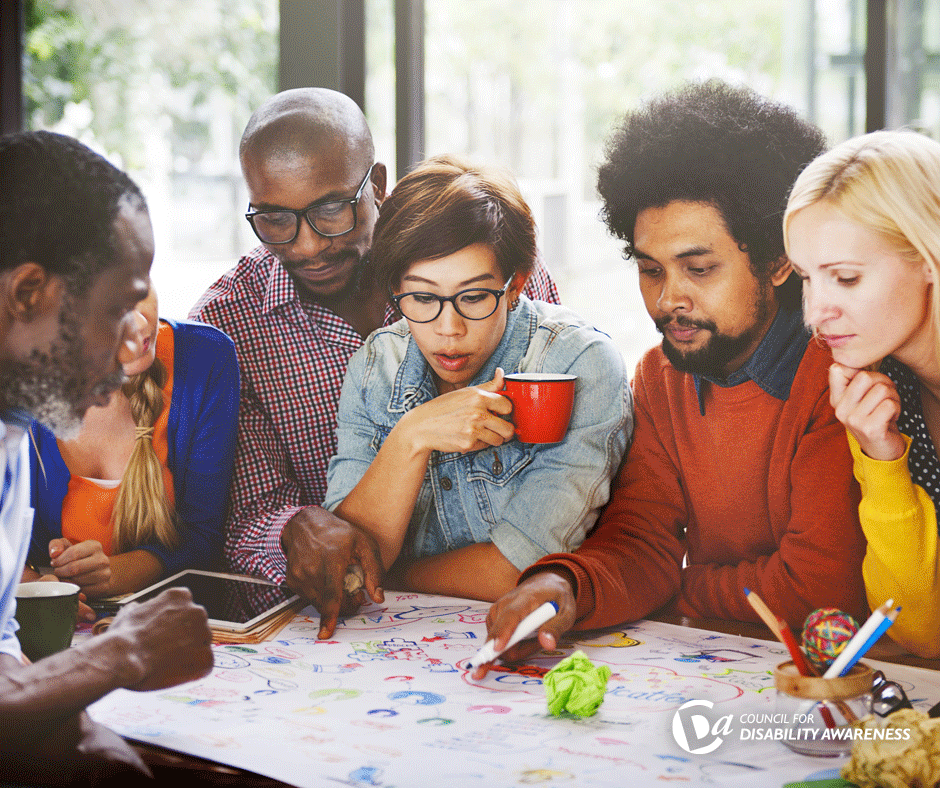 Diverse coworkers collaborating on a project