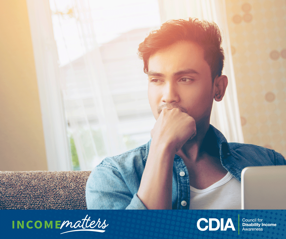 Income Matters, CDIA. Young professional considering disability insurance.