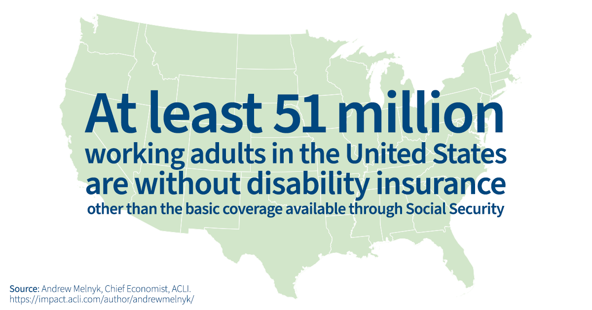 At least 51 million working adults in the United States are without disability insurance other than the basic coverage available through Social Security.