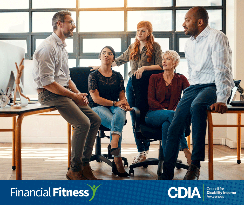 Office meeting of diverse co-workers. CDIA Financial Fitness Campaign.